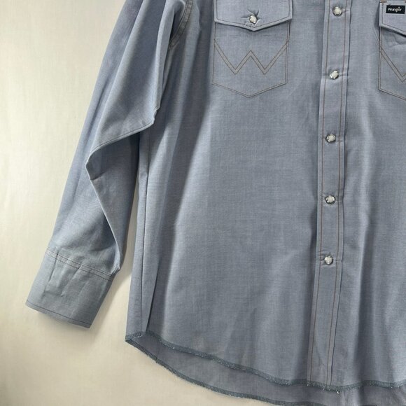 Wrangler Western Work Shirt Sz 17x35 Cowboy Cut Pearl Snap Pockets Chambray Blue - Picture 5 of 13